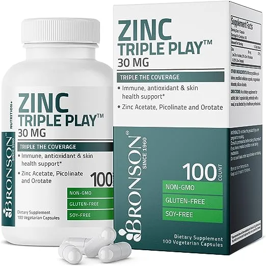 Bronson Zinc Triple Play 30 mg Triple Coverage Immune Support Zinc Supplement with Zinc Acetate, Picolinate & Orotate - Immune, Antioxidant & Skin Health Support - 250 Vegetarian Capsules