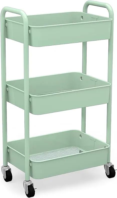 CAXXA 3-Tier Rolling Metal Storage Organizer - Mobile Utility Cart Kitchen Cart with Caster Wheels, White