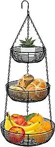 CAXXA 3-Tier Hanging Basket Fruit Organizer Kitchen Heavy Duty Wire Organizer with 2 Free Bonus Metal Ceiling Hooks, Black