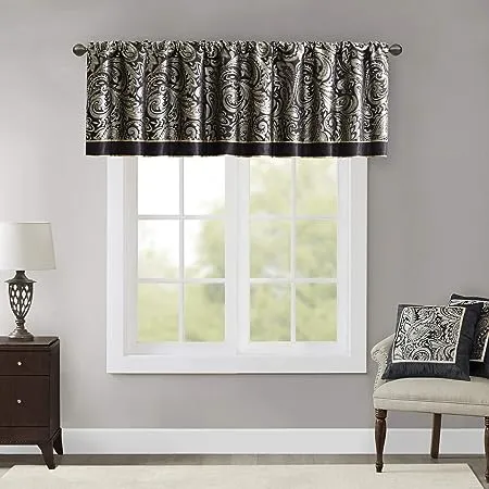 Madison Park Wellington Jacquard Window Rod Pocket Valance with Beads - 50 x 18" - Black