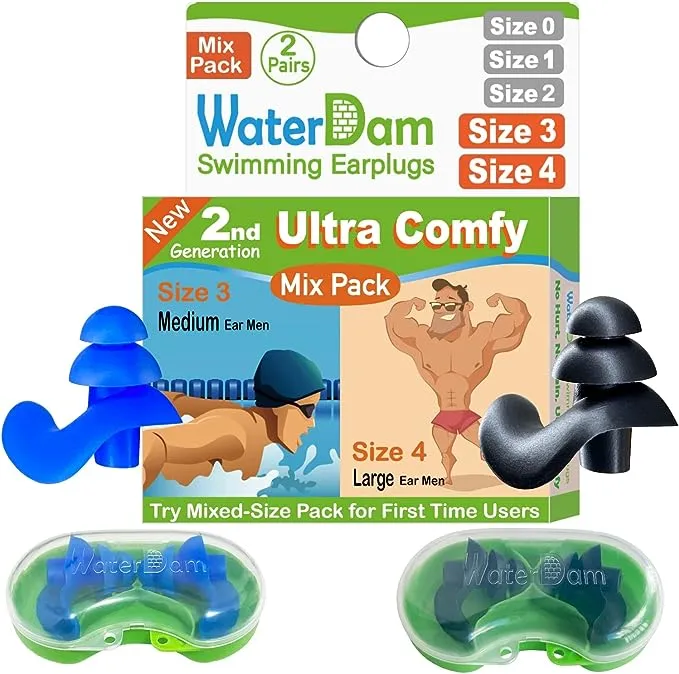 WaterDam Swimming Ear Plugs Great Waterproof Ultra Comfy Earplugs Prevent Swimmers Ear Size 34 Maybe Large Ear Men Blue Black