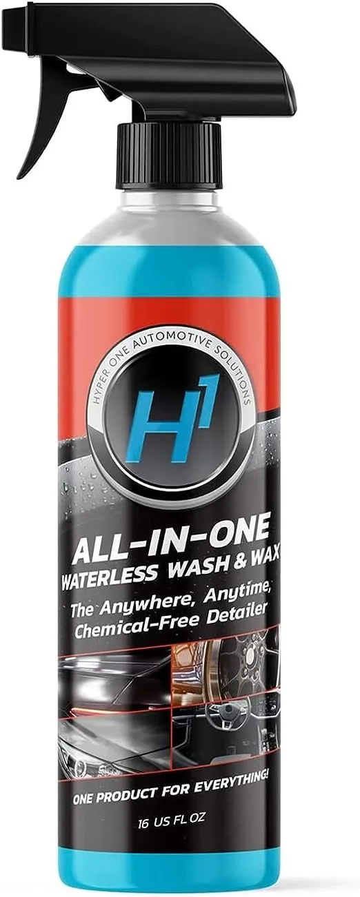 Hyper One Waterless Car Wash and Wax Spray, 16 fl oz, High Glossy Spray Wax for Car Interior and Exterior Detailing, Quick Detailer Spray for Motorcycle, SUVs & More - 8 Small Car Wash Capacity