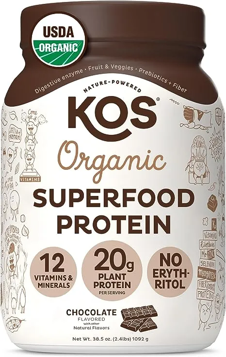 KOS Organic Plant Protein Powder, Chocolate, 20g Protein, 0.85lb