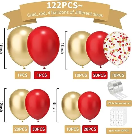 DKCPISCO Red Gold Balloon Garland Arch Kit - 122Pcs 18/12/10/5In Red and Gold Balloons With Red Gold Confetti Balloons for Christmas Mother's Day Valentines Wedding Birthday Party Decorations