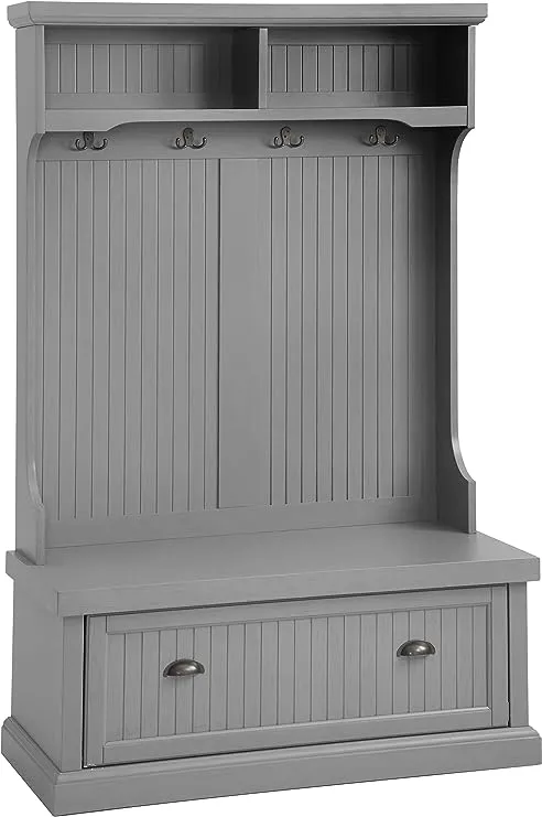 Crosley Furniture Seaside Hall Tree, Entryway Bench with Coat Rack and Shoe Cabinet, Distressed Gray