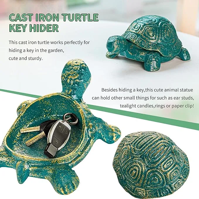 Sungmor Cast Iron Turtle Key Hider Indoor Outdoor Statues, Spare Key Holder, Antique Green Small Animal Statue for Shelf, Indoor Jewelry Keys Clips