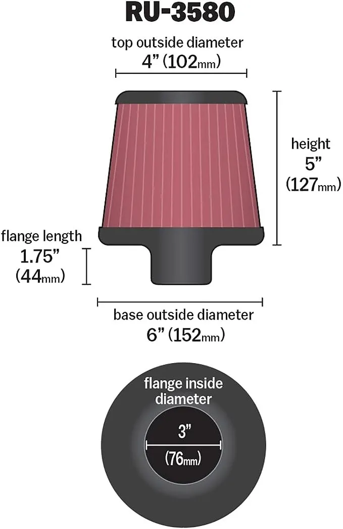 K&N Filter Universal Rubber Filter 3in Flange ID 6in Base OD 5.125in T