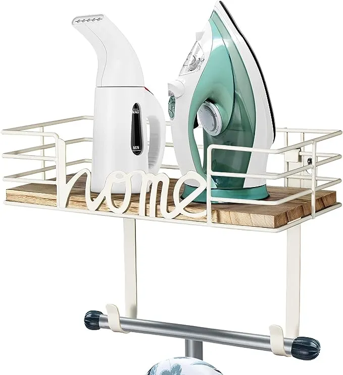 TJ.MOREE Ironing Board Hanger - Laundry Room Decor Iron Holder, Metal Wall Mount with Large Storage Blue Wooden Base Basket and Removable Hooks