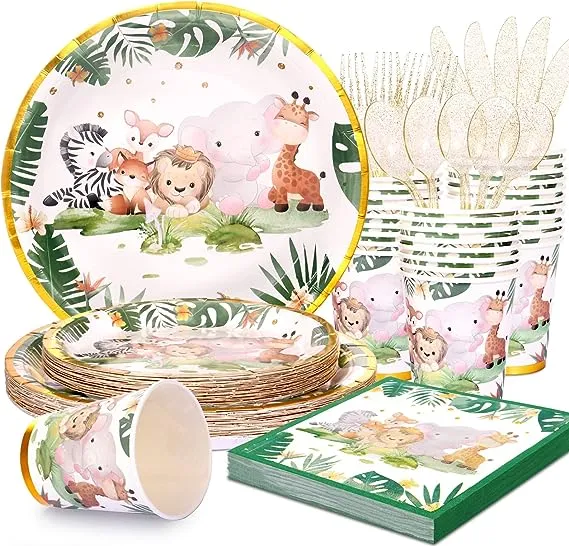 Safari Baby Shower Decorations for Boy,Jungle Baby Shower Plates and Napkins Sets for 24 Guest,Safari Party Supplies-Sage Green Plates Napkins Cups Cutlery for Boy Girl Gender Reveal Birthday Party