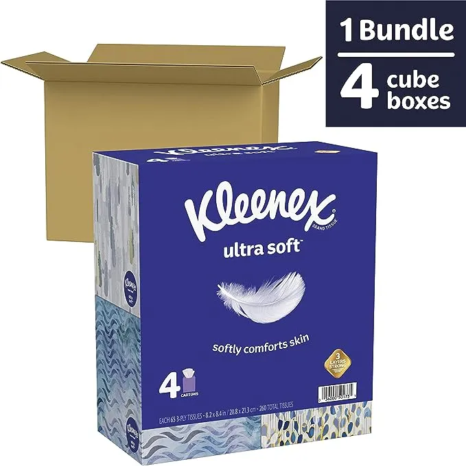 Kleenex Ultra Soft Facial Tissues, 65 Count (Pack of 4) (260 Total Tissues)