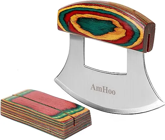 Amhoo Pizza Cutter Chef Mezzaluna Ulu Knife Handle Color Wood Grip Sharp Rocker Slicer Stainless Steel Blade Salad Onion Vegetable Chopper with Holder Base Christmas Gifts