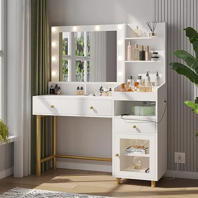 Vanity Desk with Mirror and Lights in 3 Colors, Makeup Vanity with Lights and Drawers,White Vanity Table with Charging Station,Unique Separation Design