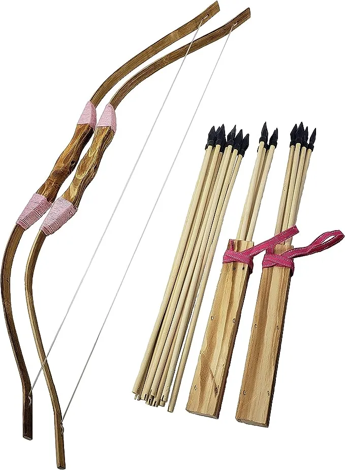 Adventure Awaits - 2-Pack Handmade Wooden Bow and Arrow Set - 20 Wood Arrows and 2 Quivers - for Outdoor Play