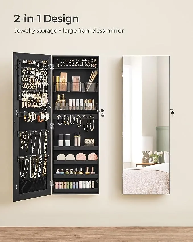 SONGMICS Mirror Jewelry Cabinet Armoire, Wall or Door Mounted Jewelry Storage, Hanging Lockable Frameless with 2 Plastic Cosmetic Organizers, Gift Idea, Black UJJC001B01