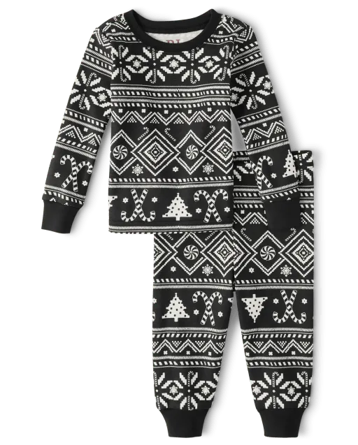 Unisex Baby And Toddler Matching Family Candy Cane Fairisle Snug Fit Cotton Pajamas - Black