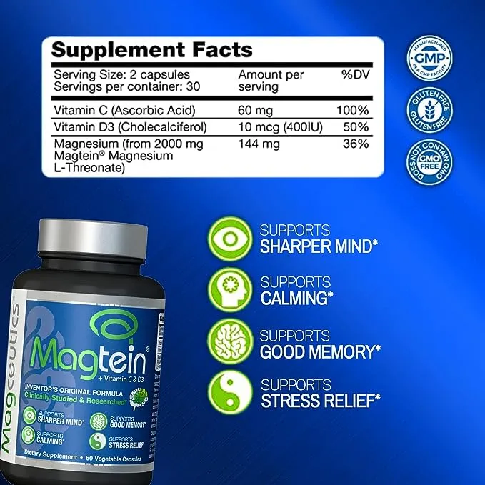 Magtein Magnesium L-Threonate to Improve Cognition, Focus, Memory, Sleep Quality and Brain Health with Small Caps - 120 Vegetable Capsules