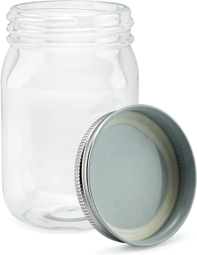 16oz Clear Plastic Mason Jars (8pk, Gold Metal Lids); BPA-Free Pint Size