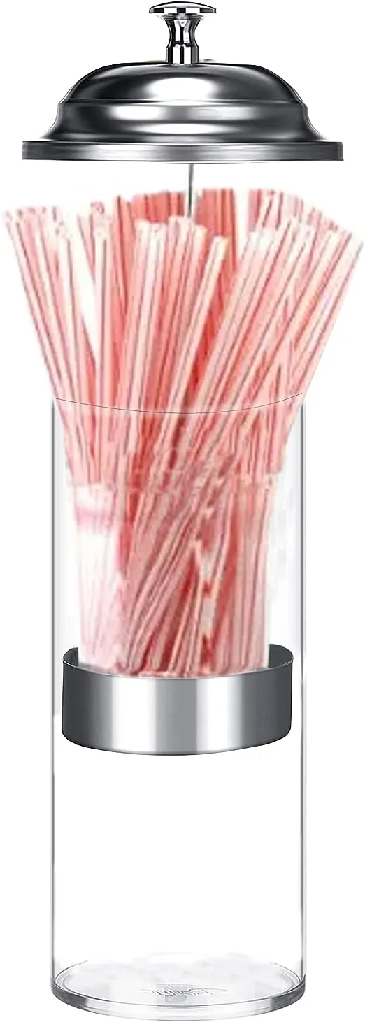 Straw Dispenser with Stainless Steel Lid and Clear Acrylic Straw Holder