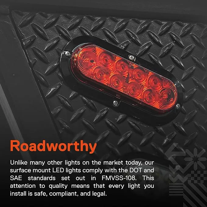 True Mods 2pc 6 inch Red Oval LED Trailer Tail Light Kit Dot FMVSS 108 SAE S2T2I6 Surfacemount IP67 Waterproof Stop Tu