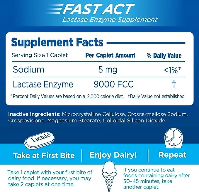 Lactaid Fast Act Lactose Intolerance Relief Caplets with Lactase Enzyme, 96 Count