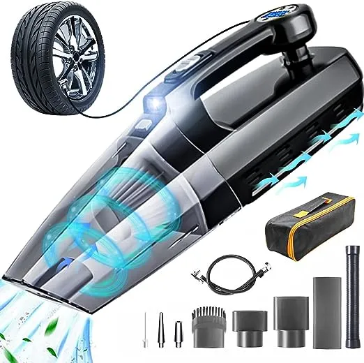 Fahuac 4-in-1 Car Vacuum Cleaner Tire Inflator - Portable High Power Handheld Car Vacuum Cleaner 7000PA/130W/DC 12V with LCD Tire Pressure Display LED Light Wet/Dry Air Compressor