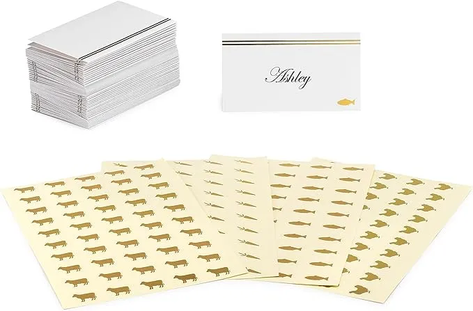 50-Pack Place Cards for Weddings – Elegant Name Cards for Table Setting – Pre-Folded & Tented Table Place Cards – with 200 Self-Adhesive Meal Choice Stickers – Gold Foil Design