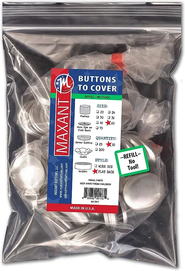 50 Buttons to Cover - Made in USA - Cover Buttons with Flat Backs Size 60 (1 1/2")