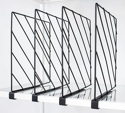 Shelf Dividers for Closet Organization (4-Pack; 10.5L x 11.5H x 0.75W in) || Metal Closet Shelf Divider; Perfect Closet Shelf Organizer, or for Bathroom and Kitchen Shelves (Matte Black)