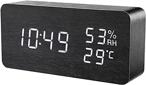 KeeKit Digital Wooden Alarm Clock, Electronic LED Desktop Clock with Temperature Humidity Time Display, 3 Alarm Settings, Voice Control, 3 Levels