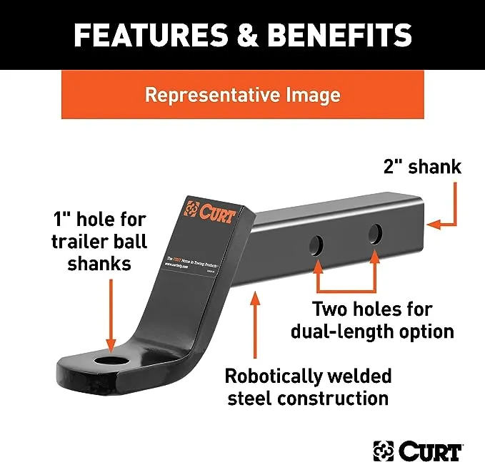 CURT 45220 Dual Length Trailer Hitch Ball Mount, 7-1/2-Inch or 10-1/2-Inch Length, Fits 2-Inch Receiver, 7,500 lbs, 1-Inch Hole, 2-In Drop, 3/4-Inch Rise