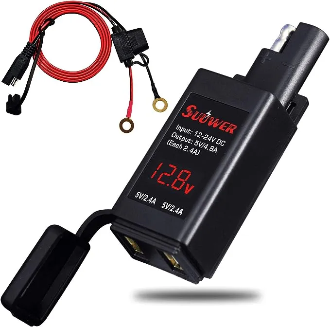 5v/4.8a Motorcycle Usb Charger Sae To Dual Usb With Voltmeter &amp; Ammeter And On/o