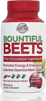 Country Farms Bountiful Beets Root Capsules, Wholefood Beet Extract Superfood, Natural Nitric Oxide Booster, Circulation and Immune Support, 90 Count, 90 Servings