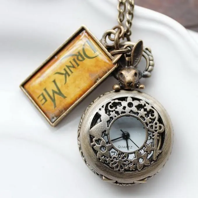  Vintage Drink Me Pocket Watch Necklace Quartz Watch Alice in Wonderland Rabbit 