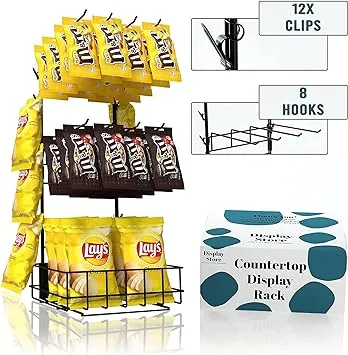 Retail Display Rack, 12 Clips & 8 Peg Hooks Matte Black Countertop Snack Stand Organizer For Retail Store Supplies, Merchandise & Snack Display Stand, 9.76x11.18x23.58