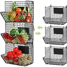 X-cosrack Metal Wire Basket Wall Mount, 3 Tier Wall Storage Basket Organizer with Hanging Hooks Chalkboards, Rustic Kitchen Fruit Produce Bin Rack Bathroom Tower Baskets (Black)