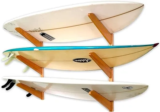 StoreYourBoard Timber Surfboard Wall Rack, Holds 3 Surfboards, Wood Home Storage Mount System