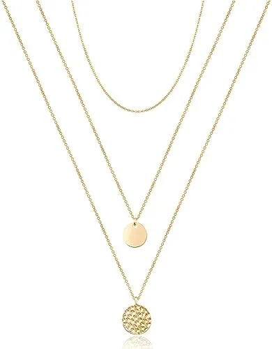 Turandoss Dainty Layered Choker Necklace, Handmade 14K Gold Plated Y Pendant Necklace Multilayer Bar Disc Necklace Adjustable Layering Choker Necklaces for Women