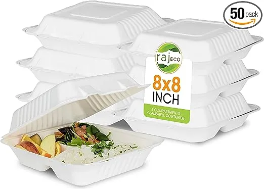 Raj Eco To Go Containers Compostable Clamshell Disposable 8x8&quot; - 3 Compartment 50-Pack Take out Box, Meal-Prep, Eco-Friendly Biodegradable