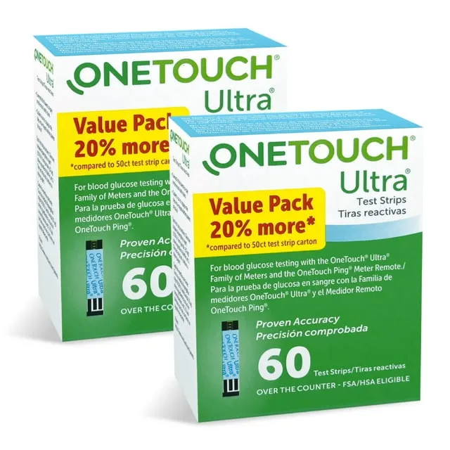 OneTouch Ultra Test Strips for Diabetes - 120 Count | Diabetic Blood Sugar Monitor Glucose Meter 2 Boxes, 60 Each