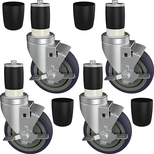 MySit 4 inch Work Table Caster Wheels for Commercial Kitchen Prep Tables, Expanding Stem Casters Set of 4 with Locking Brakes Fit Both 1-1/2" and 1-5/8" Leg Tube Adapter for Stainless Steel Worktable