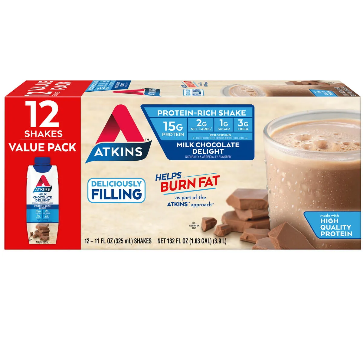 Atkins Shake, Protein-Rich, Milk Chocolate Delight, Value Pack - 8 pack, 11 fl oz shakes