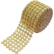 YYaaloa Crafts Faux Diamond Bling Wrap 4" x 10 Yards 6 Rows Gold Flower Pattern Faux Rhinestone Crystal Mesh Ribbon Roll for Wedding, Party, Centerpiece, Cake, Vase Sparkling Decoration (Gold)