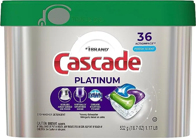 Cascade Platinum Dishwasher Pods, ActionPacs Dishwasher Detergent with Dishwasher Cleaner Action, Fresh Scent, 36 count