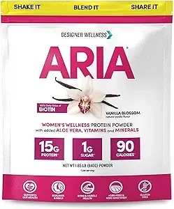 Designer Wellness, Aria, Women's Wellness Low Calorie Vanilla Protein Powder with Biotin, Vitamin C and Organic Aloe, Vanilla Blossom, 1.85 Pound