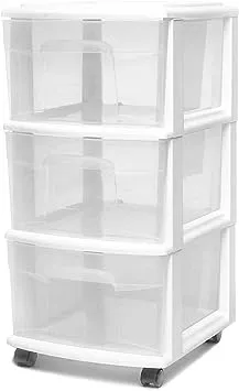 Homz Clear Plastic 3 Drawer Medium Home Organization Storage Container Tower with 3 Large Drawers and Removeable Caster Wheels, White Frame