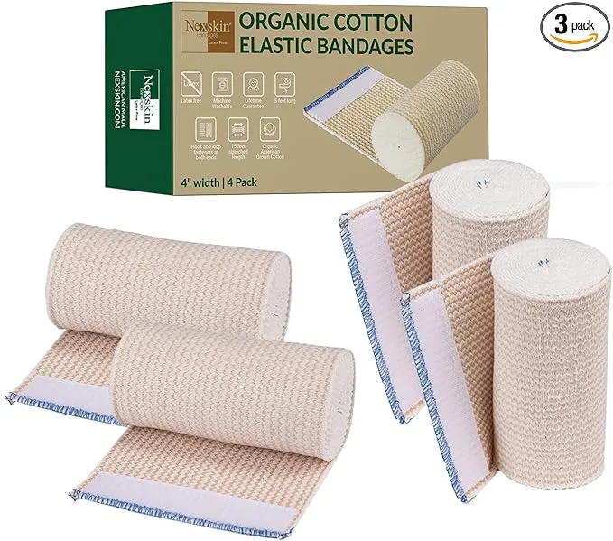 NexSkin Organic Cotton Elastic Bandage Wrap (4" Wide, 4 Pack) | Hook & Loop Fasteners at Both Ends | Ace your Recovery for Sports | Latex Free Hypoallergenic Compression Roll for Sprains & Injuries