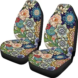 Bright Blossoms Colorful Boho Floral Print Car Seat Covers for Women,Universal Auto Front Seats Protector Fits for Car,SUV Sedan,Truck