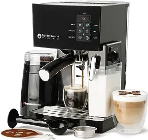 EspressoWorks 19-Bar Espresso, Latte and Cappuccino Maker 10-Piece Set - Brew Cappuccino and Latte with One Button - Espresso Machine with Milk Steamer 1250W - Coffee Gifts (Black)