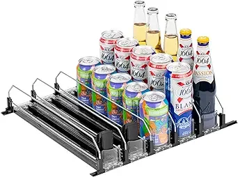 Drink Organizer for Fridge, Baraiser Large Capacity Self-Pushing Drink Dispenser for Pantry, Drink Dispenser with Adjustable Pusher Glide, Fridge Organizers and Storage for Drinks (5 Rows, Black)