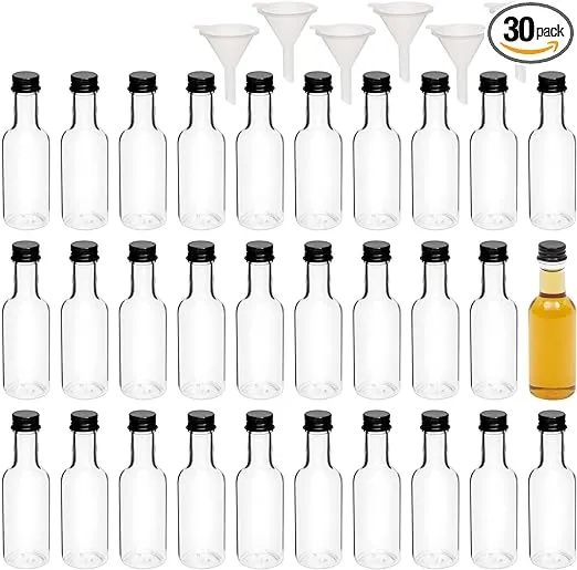 Stockroom Plus 30 Pack 50ml (1.7 oz) Mini Liquor Bottles with Twist Off Lids and Funnels for Party Favors, Spirits